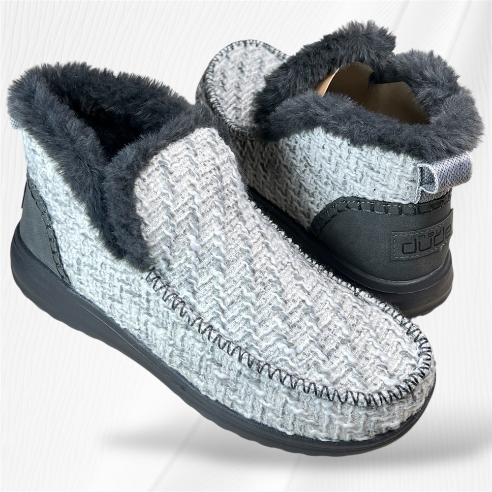 Hey Dude Denny Cozy Lined Booties Slippers Gray White Tweed Women's US 9 EU 40